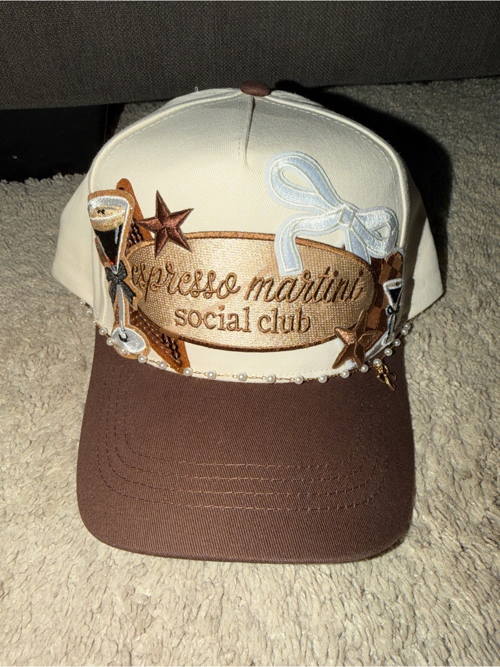 Espresso Martini Social Club Custom Hat Pearl Chain Bow Coquette